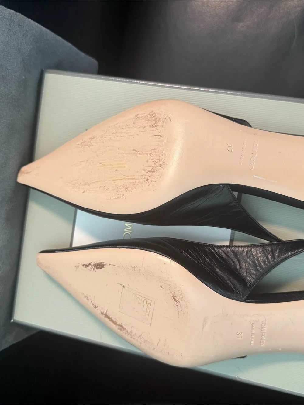 Tom Ford Black Leather Pointed Slingback Heels with Gold Buckle